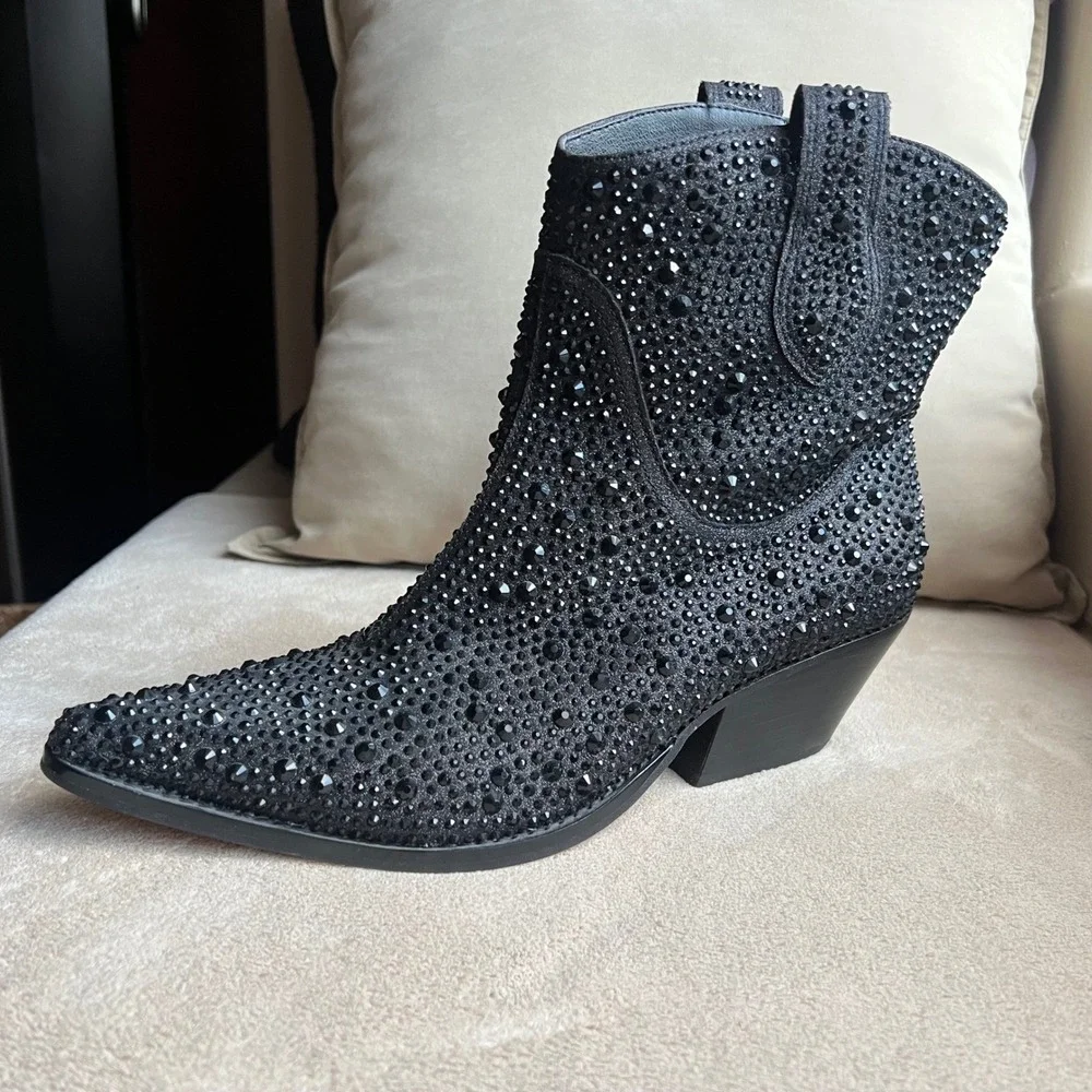 Jessica Simpson‎ 9 M Black Rhinestone Western Ankle Boots Pointed Toe Block Heel